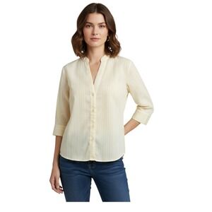 DCC Missy Striped Collarless Long Sleeve Button Up Shirt Yellow White Medium